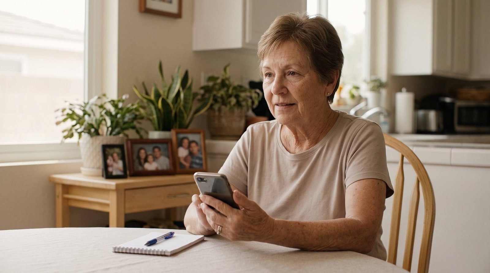 A senior woman sitting alone at her kitchen table, looking at her phone with a cautious expression.