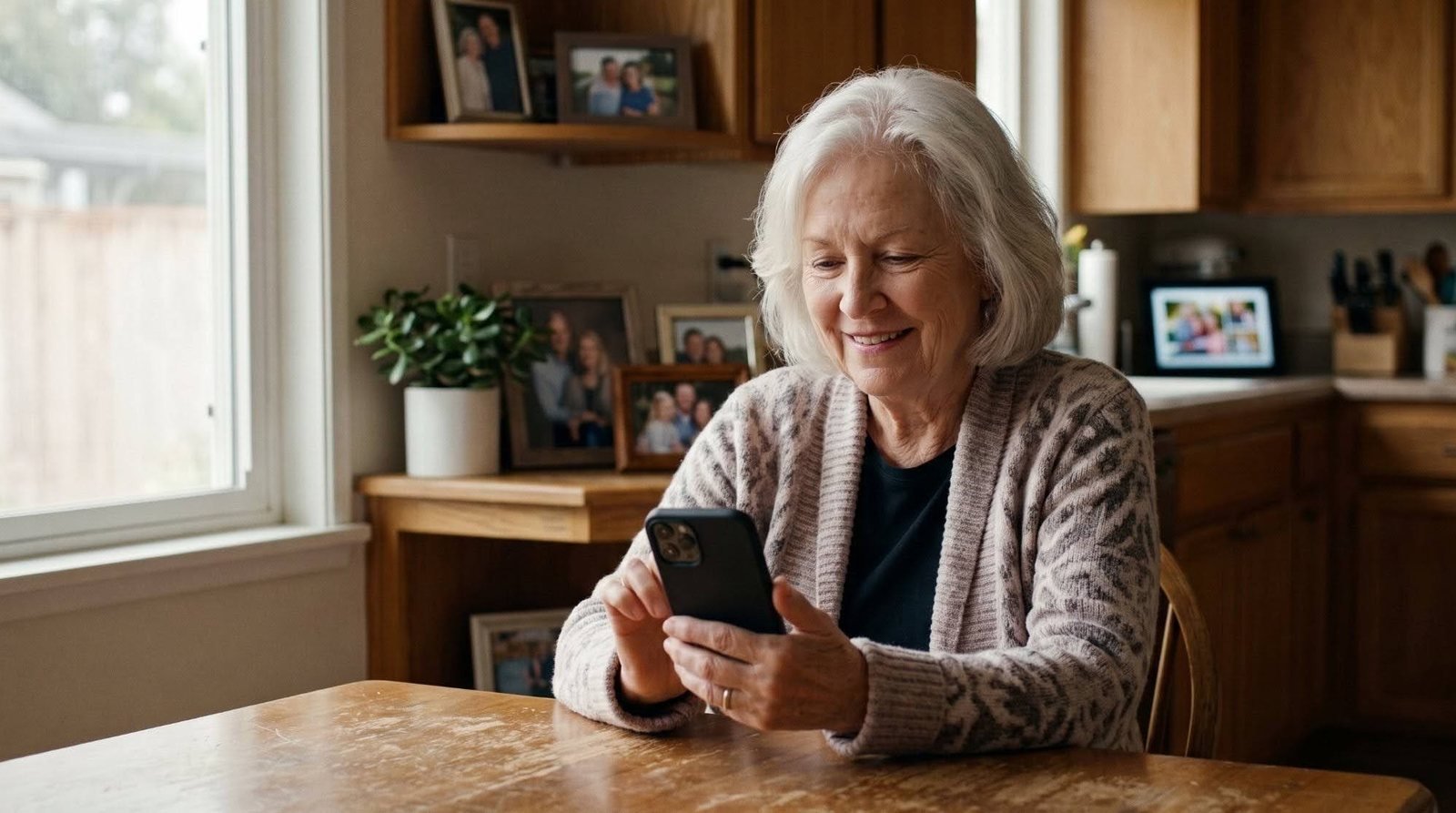 A senior woman smiling at her phone in her kitchen.