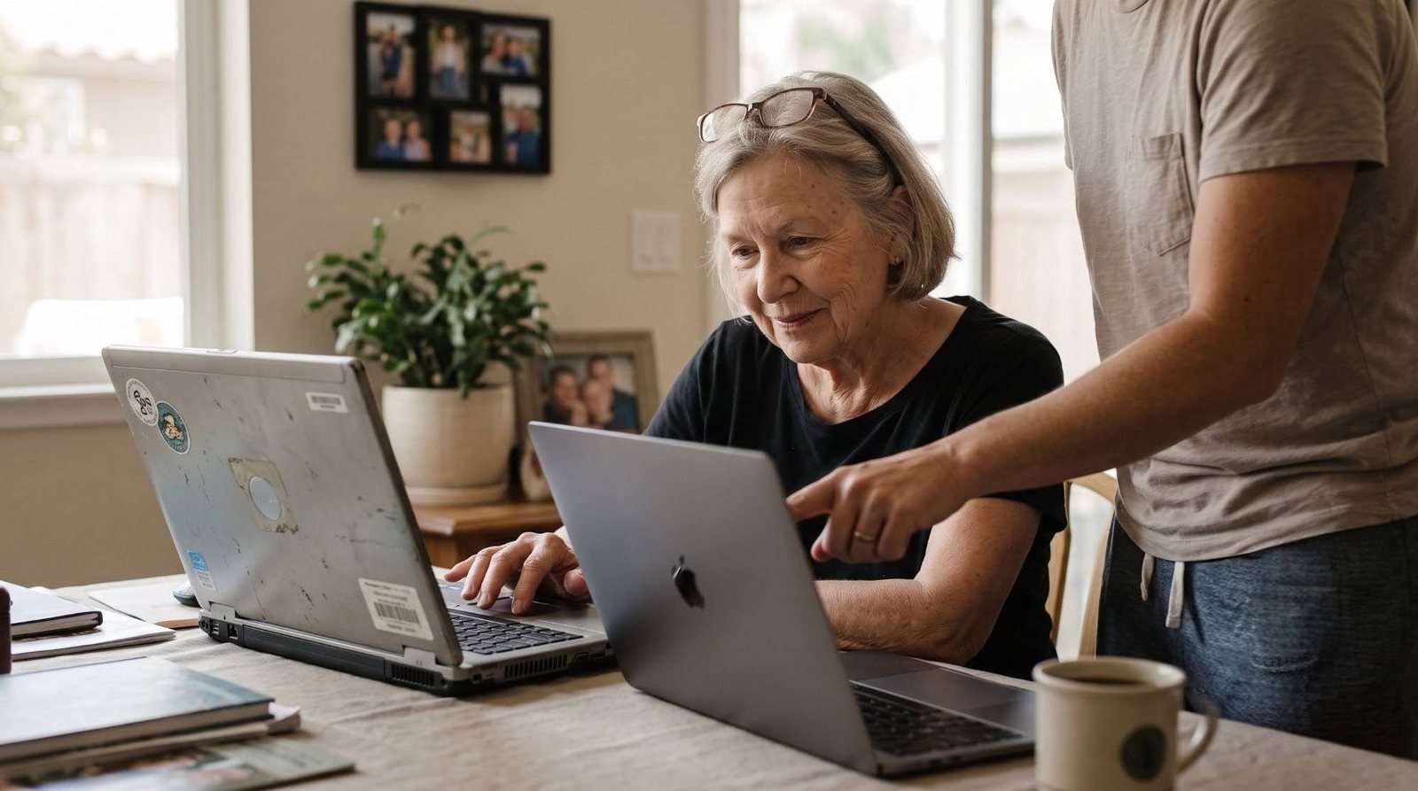 A senior and her adult son comparing an old laptop side by side with a new one at the kitchen table.