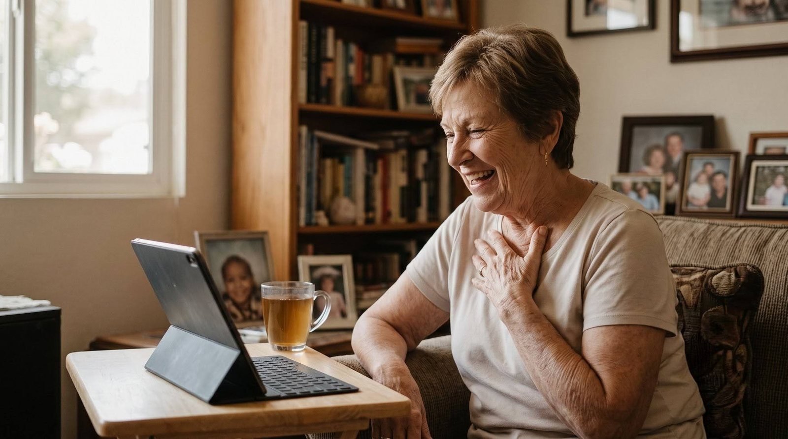A senior woman laughing during a video call on her tablet, tea in hand.