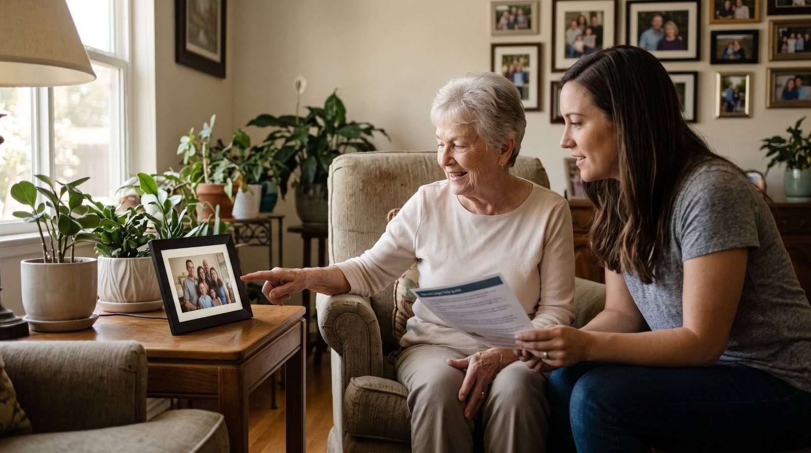 A senior woman pointing to a digital photo frame on the side table while a family member looks on, smiling.