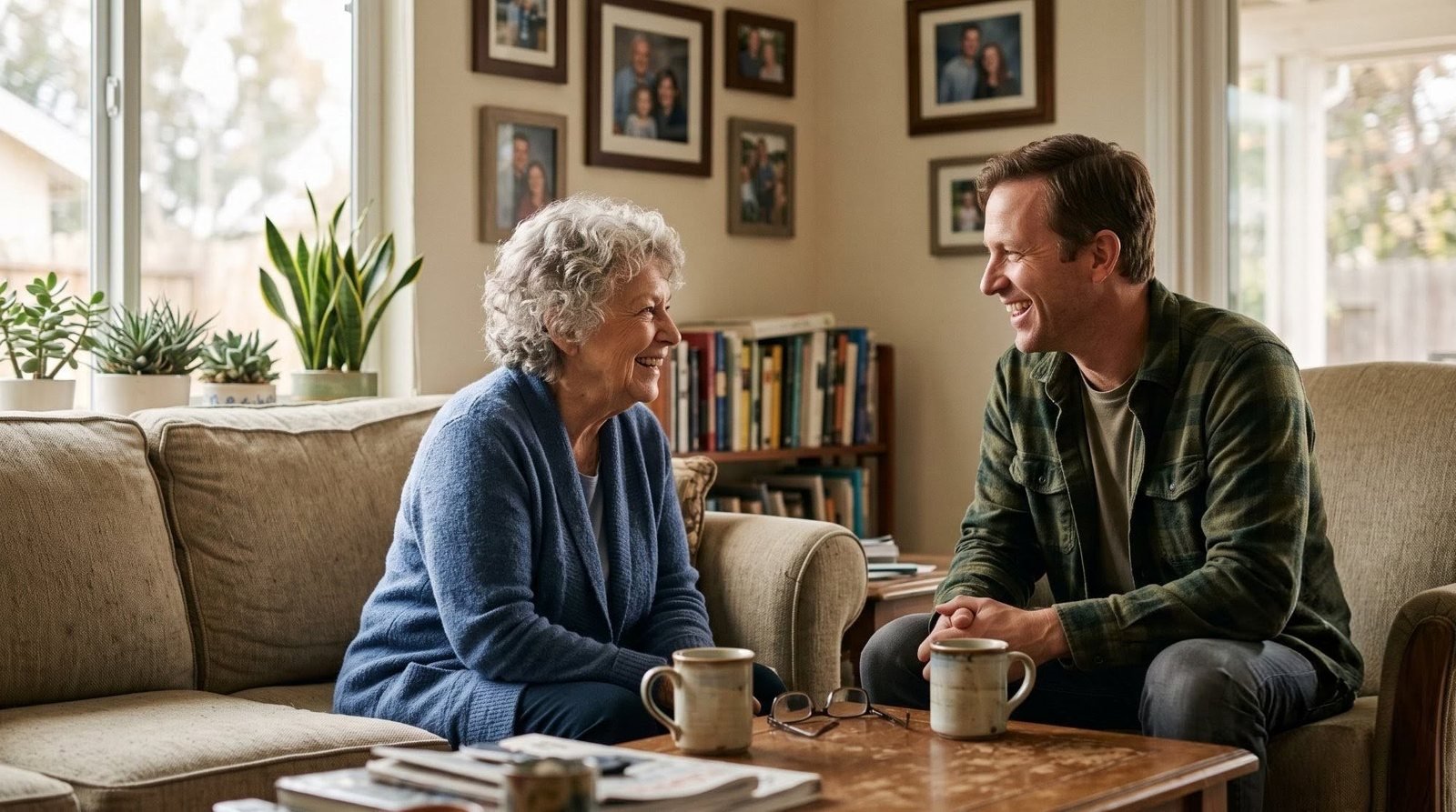 A senior woman and a companion laughing together over coffee in a cozy living room.
