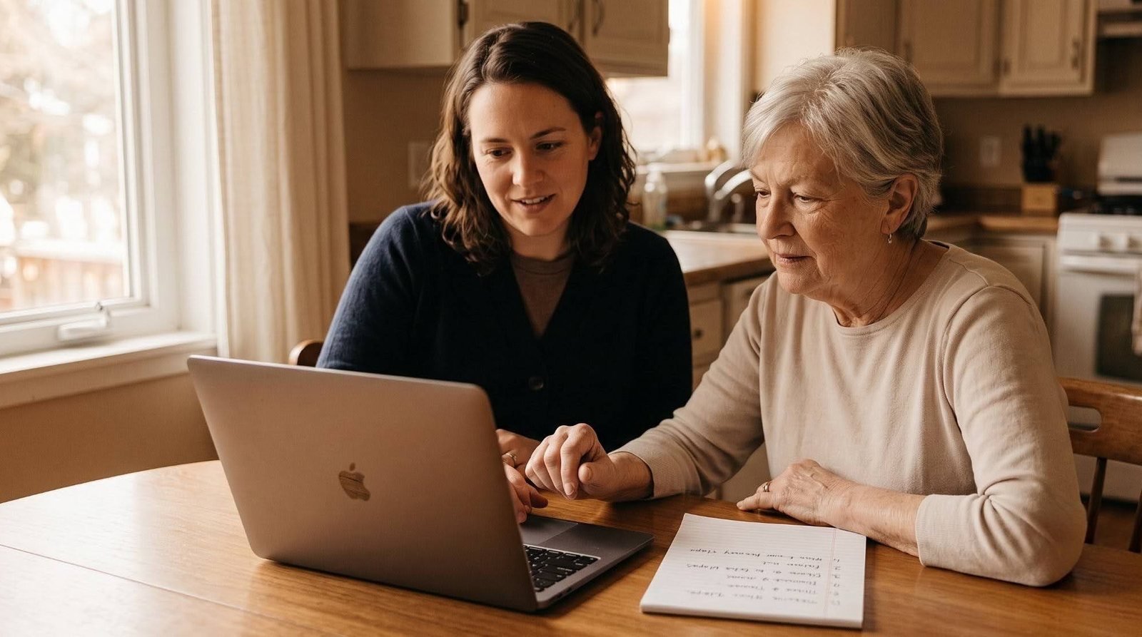 A coach sitting calmly beside a senior woman at the laptop, a handwritten step-by-step list on the table.