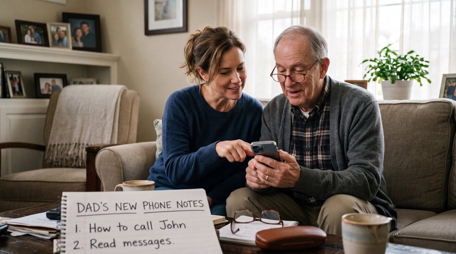 An adult daughter walking her father through his new phone, with a handwritten notes list on the coffee table.