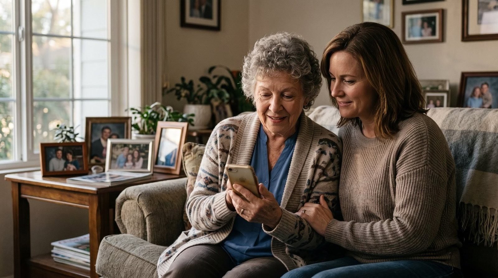 Two women sitting close together on a couch, smiling at a phone screen.