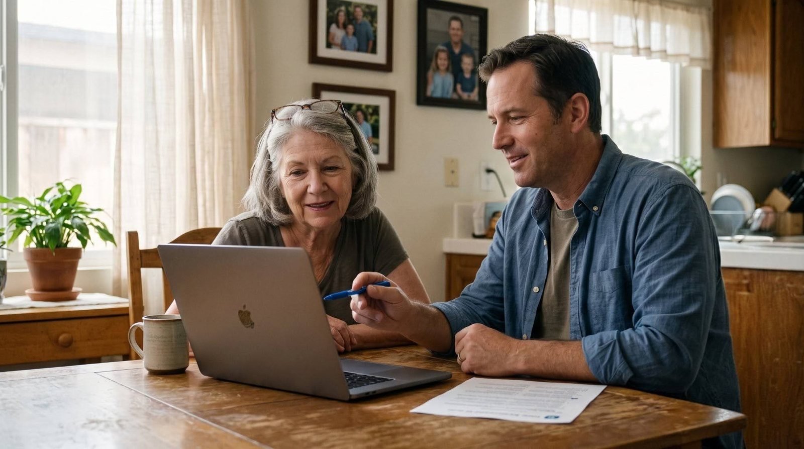 A senior woman and her adult son reviewing a document together at the laptop.