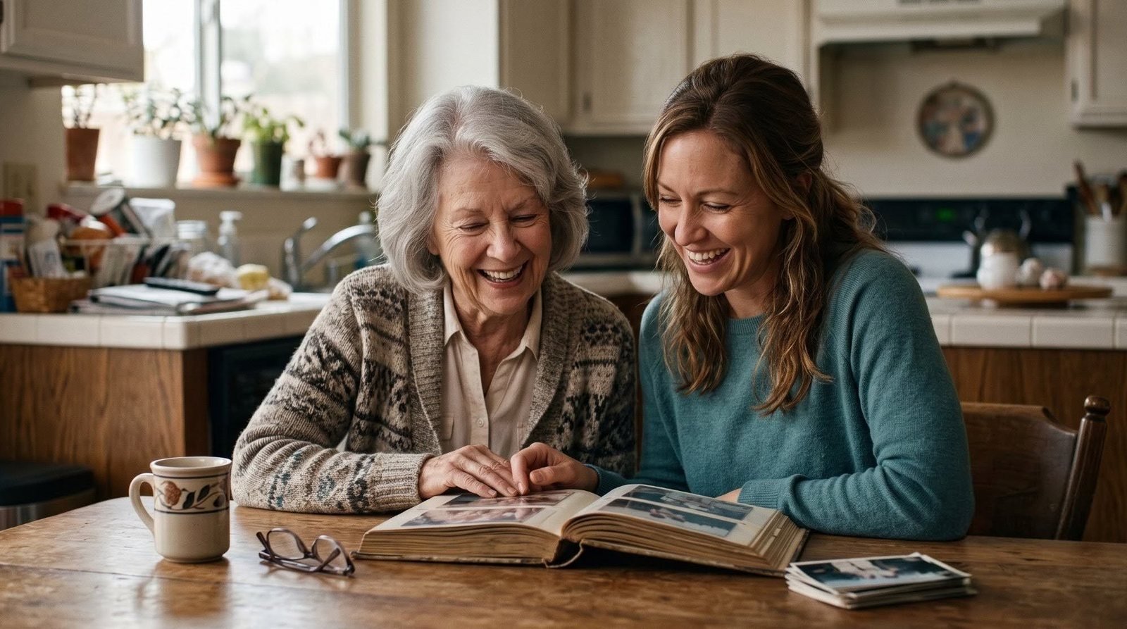 A senior woman and a companion coach laughing together over an old photo album at the kitchen table.