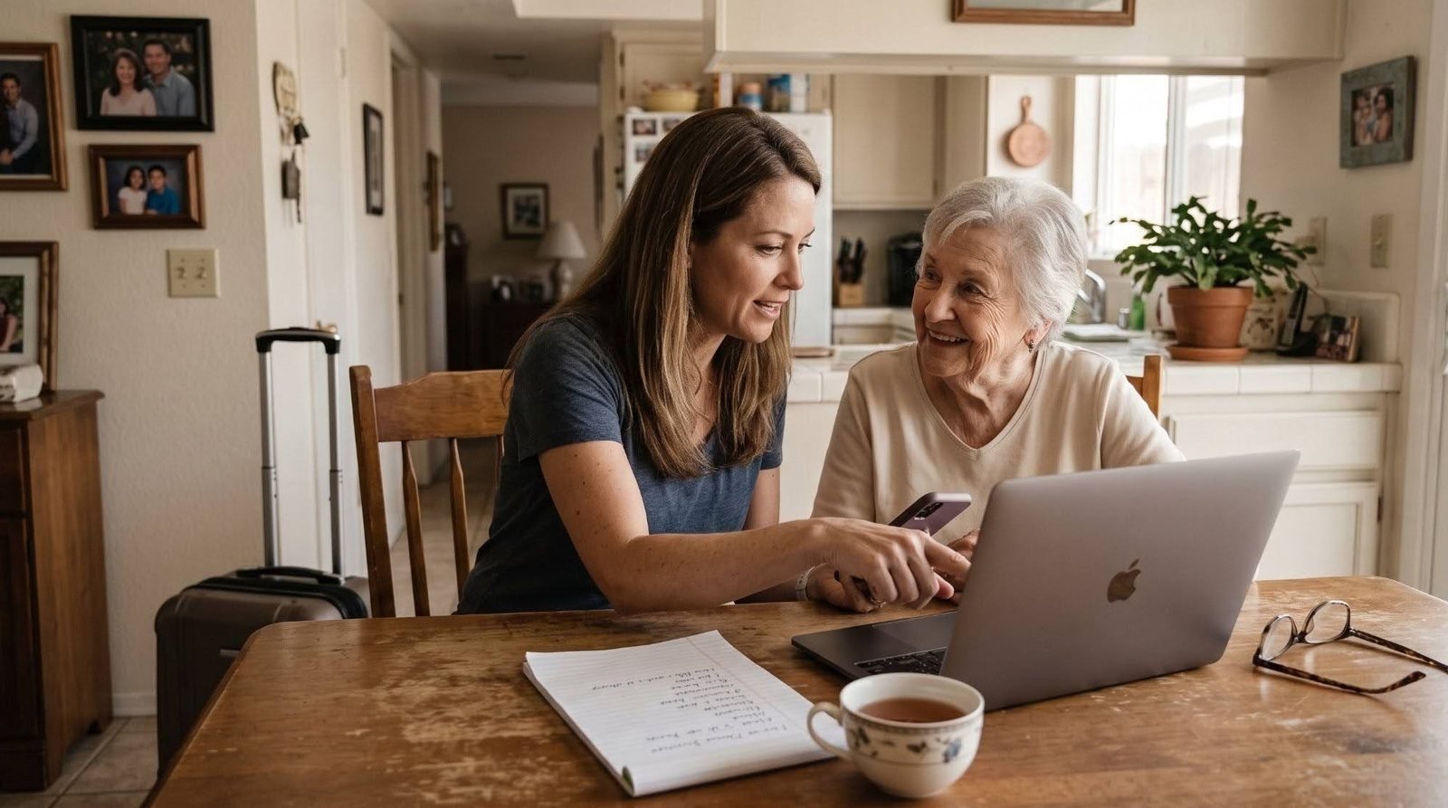 An adult daughter and her mother troubleshooting a laptop together at the kitchen table, notes in hand.