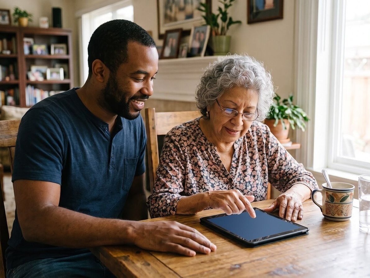 A Teach Me Tech helper sitting at a kitchen table beside a senior woman as she learns on her tablet.